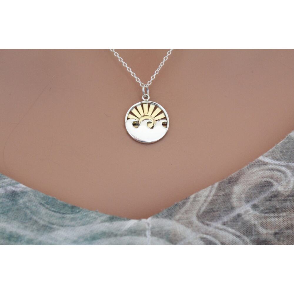 Sterling Silver Wave Charm with Bronze Setting Sun Necklace